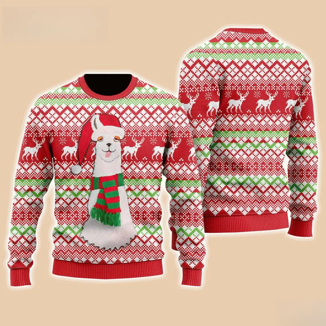 Alpaca Christmas Pattern Ugly Sweater, Funny Llama in Santa Hat and Striped Scarf Holiday Sweatshirt, Red Fair Isle Alpaca Lover Xmas Sweater