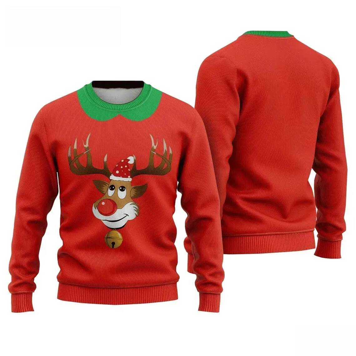 Cartoon Reindeer Ugly Sweater, Red Nosed Reindeer with Santa Hat and Jingle Bell Christmas Sweatshirt, Green Collar Holiday Xmas Jumper