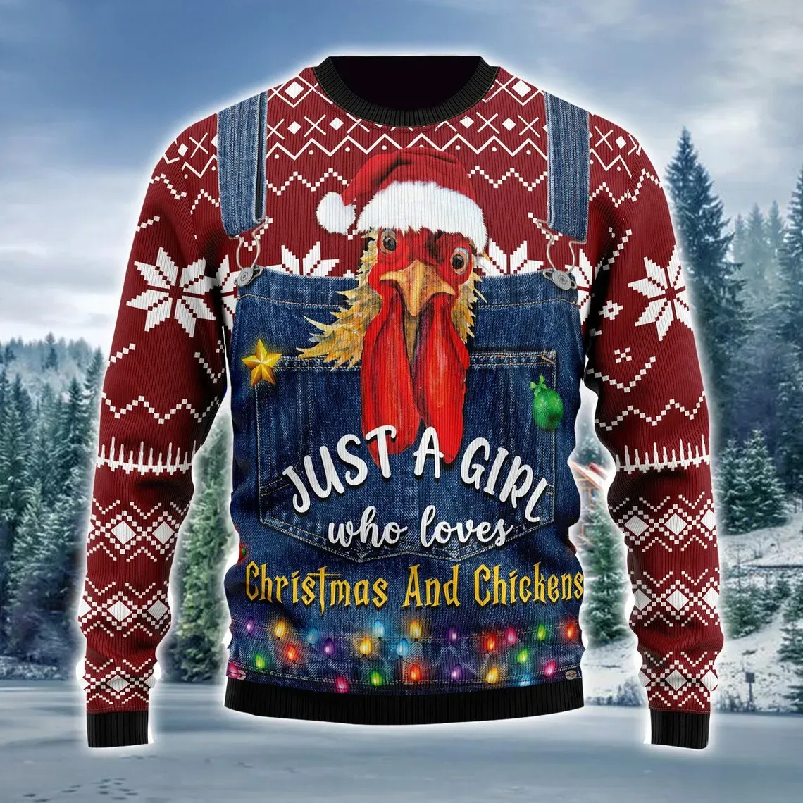 A Girl Who Loves Christmas And Chickens Ugly Sweater, Funny Chicken Lover Holiday Sweater, Rooster Xmas Sweater for Farm Girls