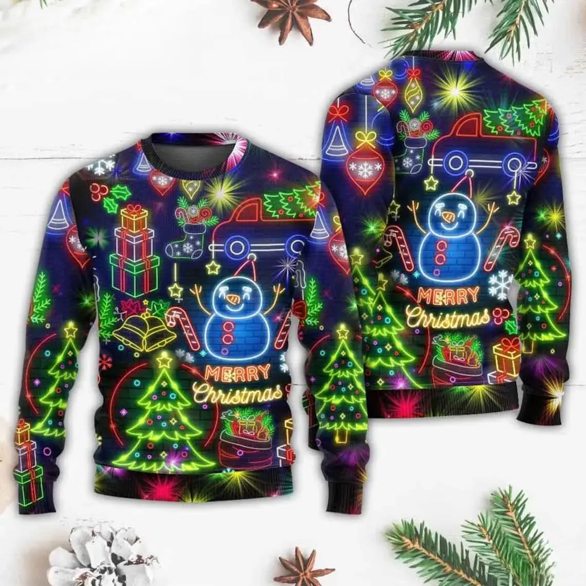 Bright Neon Lighting Snowman Ugly Christmas Sweater, Glowing Neon Sign Xmas Tree and Red Truck Holiday Sweatshirt, Colorful Party Sweater