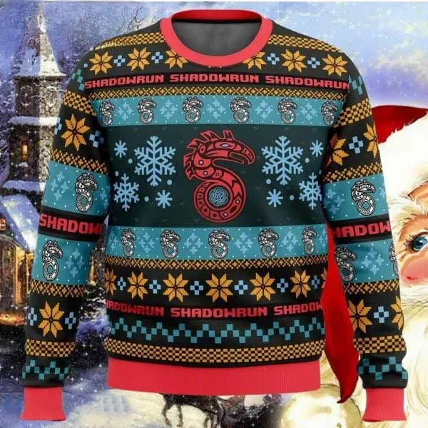 Shadowrun Board Games Ugly Christmas Sweater, Serpent Logo Cyberpunk Roleplaying Holiday Sweatshirt, Teal and Gold Tabletop Gamer Xmas Sweater