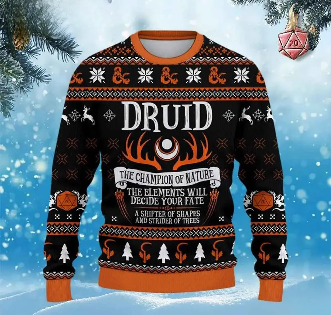 Druid The Champion of Nature DnD Ugly Sweater, Dungeons and Dragons Class Christmas Sweatshirt, Orange Antler Moon Roleplaying Gamer Holiday Top