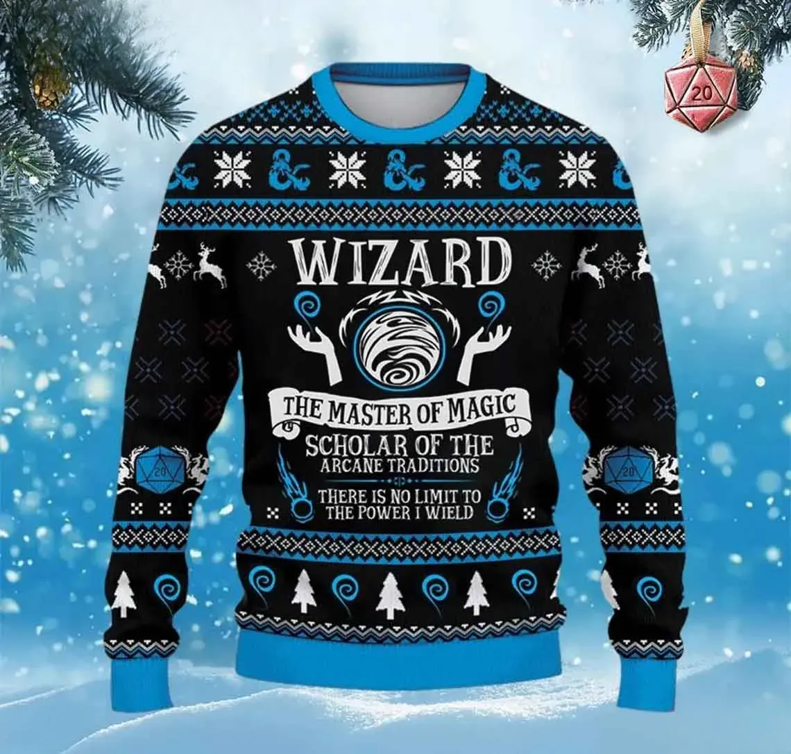 Wizard Dungeons and Dragons Master Ugly Sweater, The Master of Magic DnD Class Christmas Sweatshirt, Tabletop Roleplaying Gamer Holiday Sweater