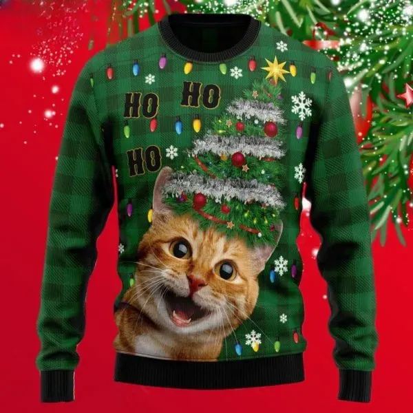 Cat Meme Ho Ho Ho Face Christmas Ugly Sweater, Surprised Orange Tabby with Tree Hat Green Plaid Holiday Sweatshirt, Funny Cat Lover Xmas Top