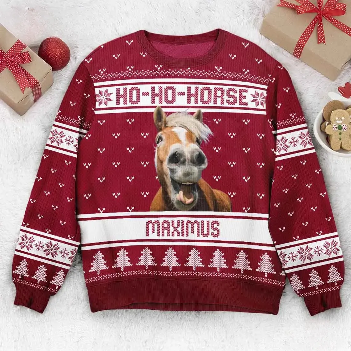 Ho Ho Horse Maximus Ugly Sweatshirt, Funny Laughing Horse Christmas Sweater, Burgundy Equestrian Holiday Jumper for Horse Lovers