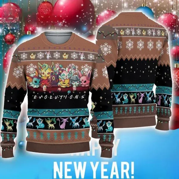 Pokemon Evolutions Holiday Season Ugly Sweater, Eevee Vaporeon Umbreon and Sylveon Christmas Sweatshirt, Pokemon Fan Gamer Xmas Sweater