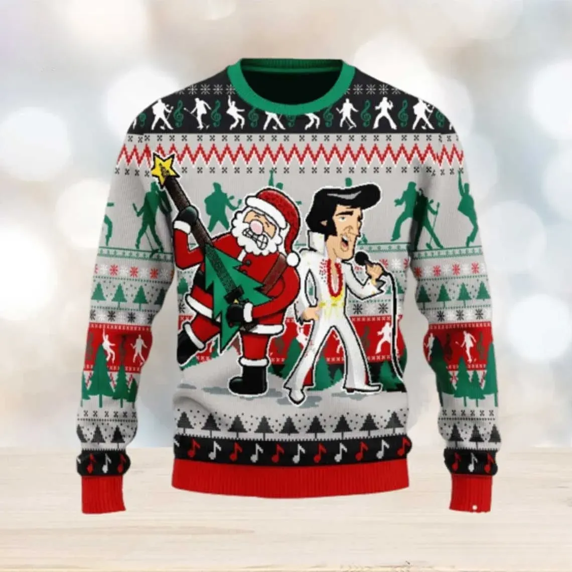 Elvis Presley Singing Ugly Christmas Sweater, Santa And The King Rock Holiday Sweater, Music Xmas Sweater for Elvis Fans