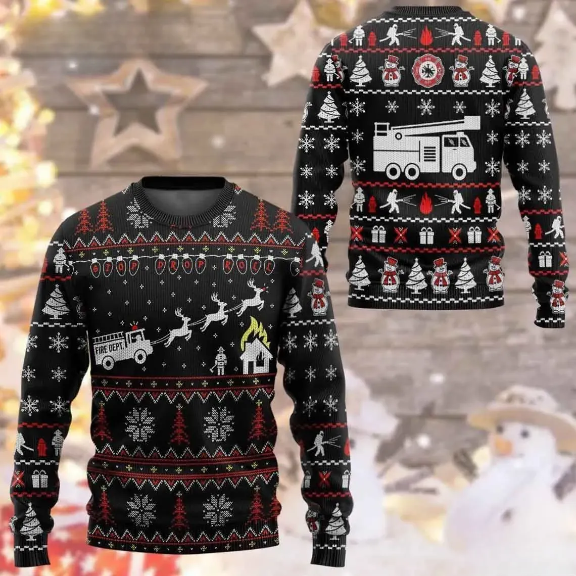 Firefighter Fire Dept Ugly Christmas Sweater, Stop Drop Roll Reindeer Fire Truck Holiday Sweatshirt, Xmas Sweater for Firemen and Rescue Crews