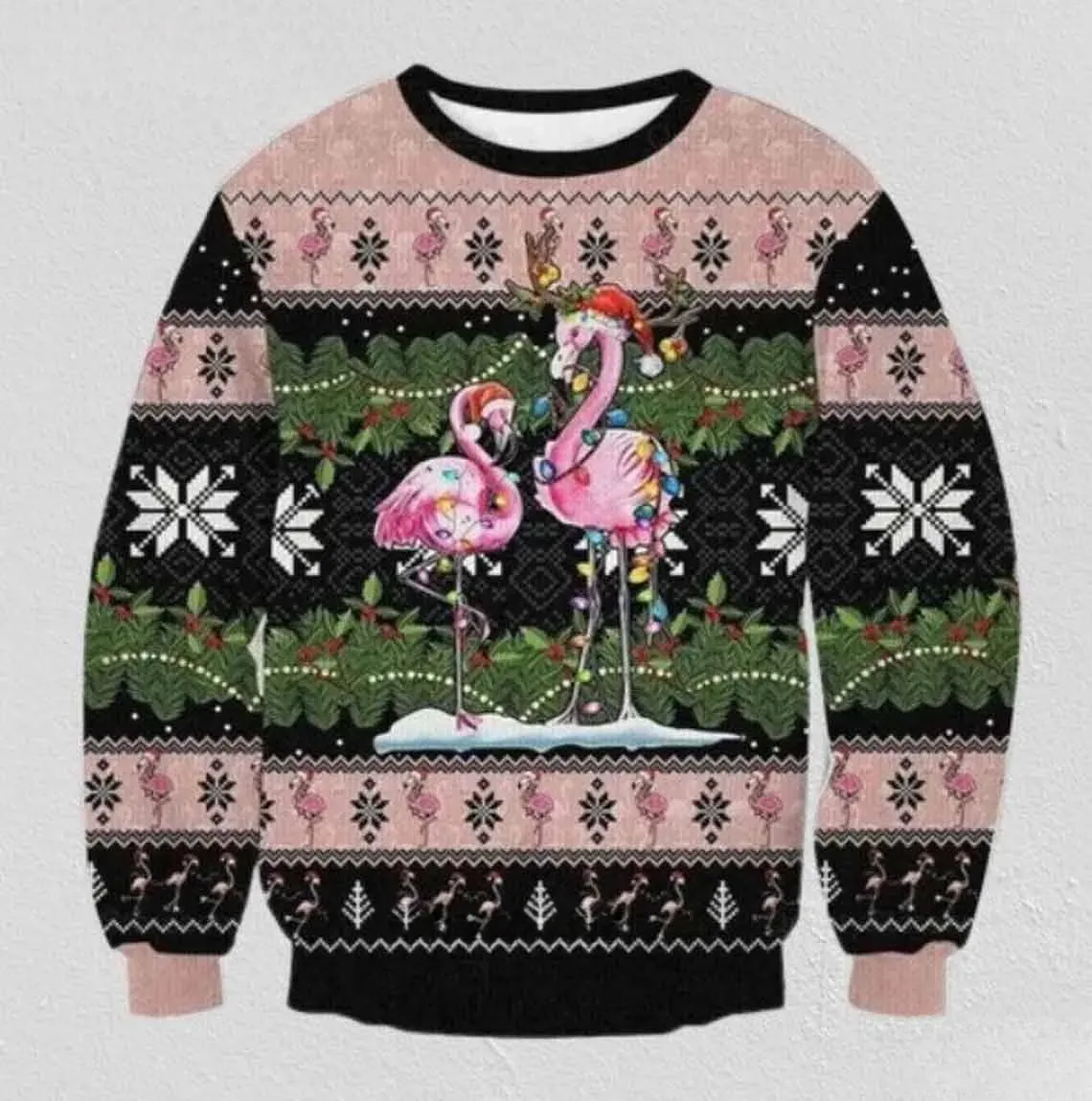 Flamingo Ugly Christmas Sweater, Pink Flamingos Wrapped in Fairy Lights Holiday Sweatshirt, Tropical Xmas Sweater for Flamingo Lovers, Unisex