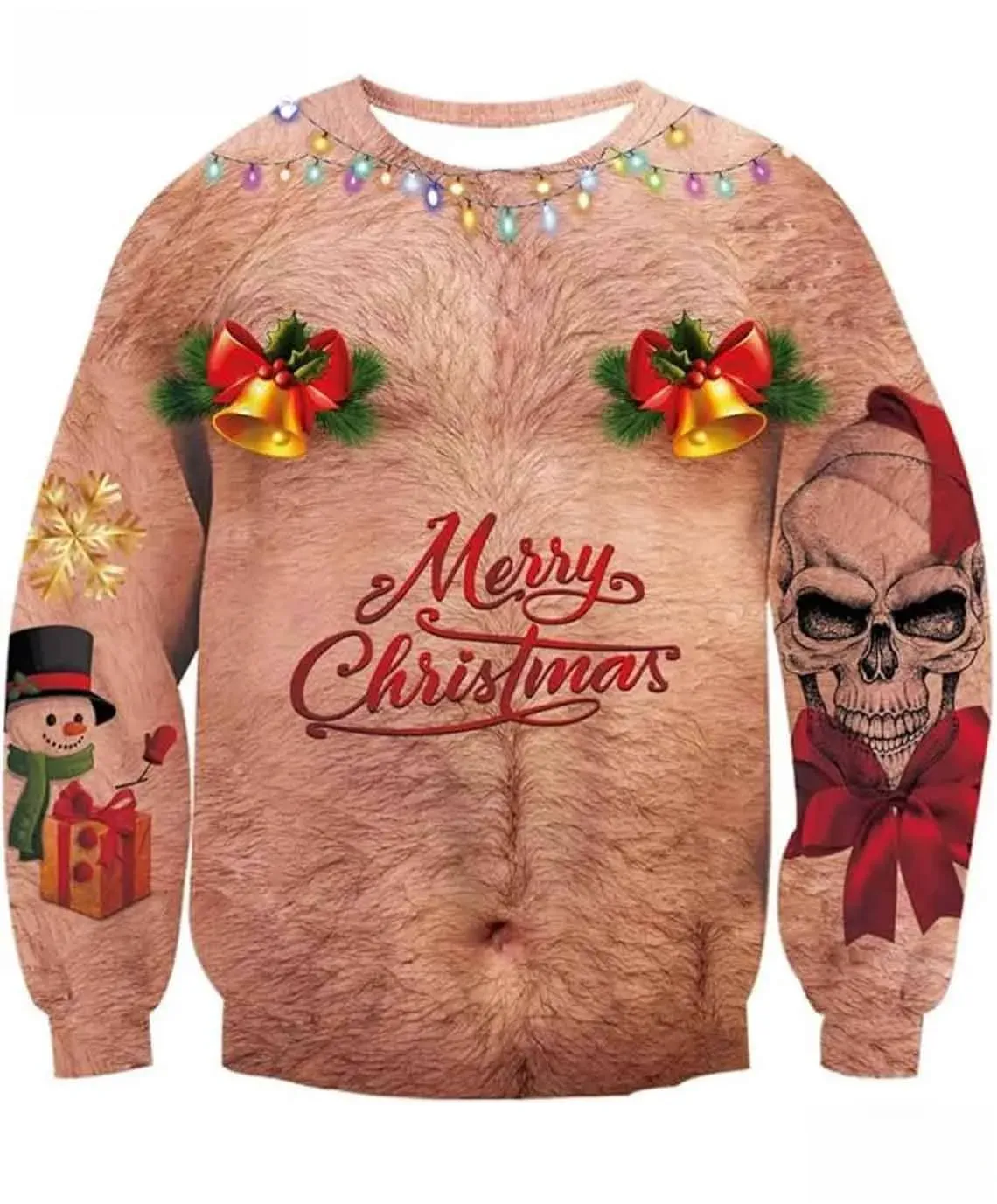 Funny Christmas Xmas Ugly Sweater, Hairy Chest Merry Christmas Holiday Sweatshirt with Jingle Bells and Santa Skull, Gag Party Top