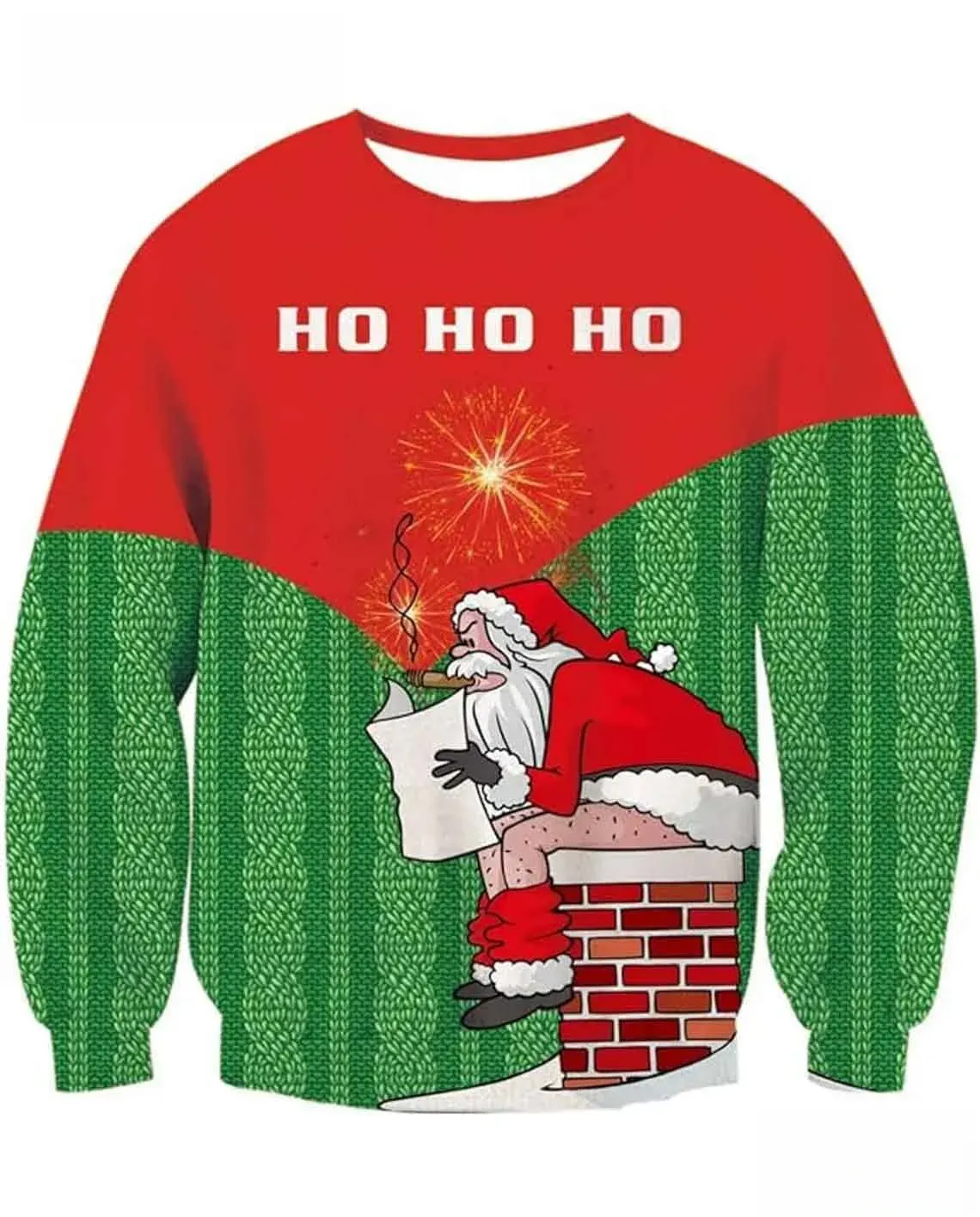Funny Santa Claus Christmas Ugly Sweater, Ho Ho Ho Santa Sitting on a Chimney Prank Holiday Sweatshirt, Gag Xmas Party Unisex Jumper