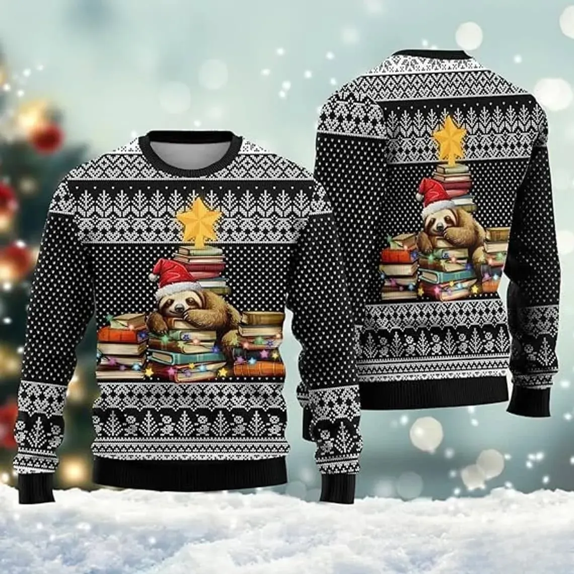 Lazy Sloth Ugly Christmas Sweater, Santa Hat Sloth Napping on a Stack of Books Holiday Sweatshirt, Xmas Sweater for Book Lovers and Readers