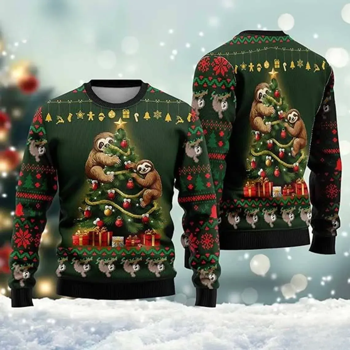 Sloth Xmas Tree Ugly Christmas Sweater, Cute Sloths Hugging a Decorated Tree Holiday Sweatshirt, Funny Sloth Lover Unisex Party Top