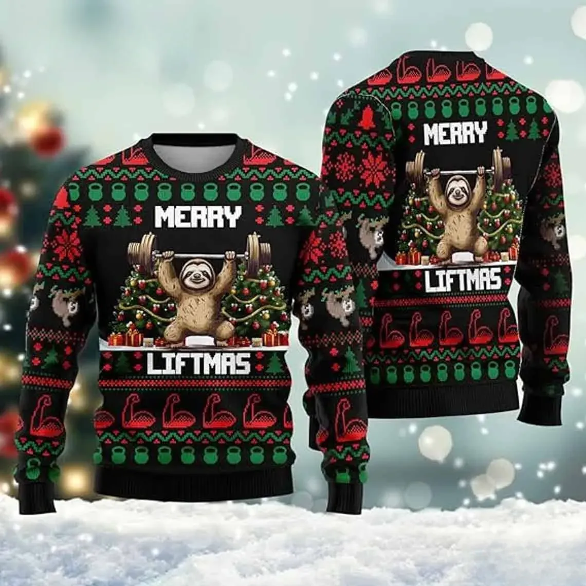Sloth Merry Liftmas Ugly Christmas Sweater, Funny Gym Weightlifting Holiday Sweater, Kettlebell Fitness Xmas Sweatshirt for Lifters