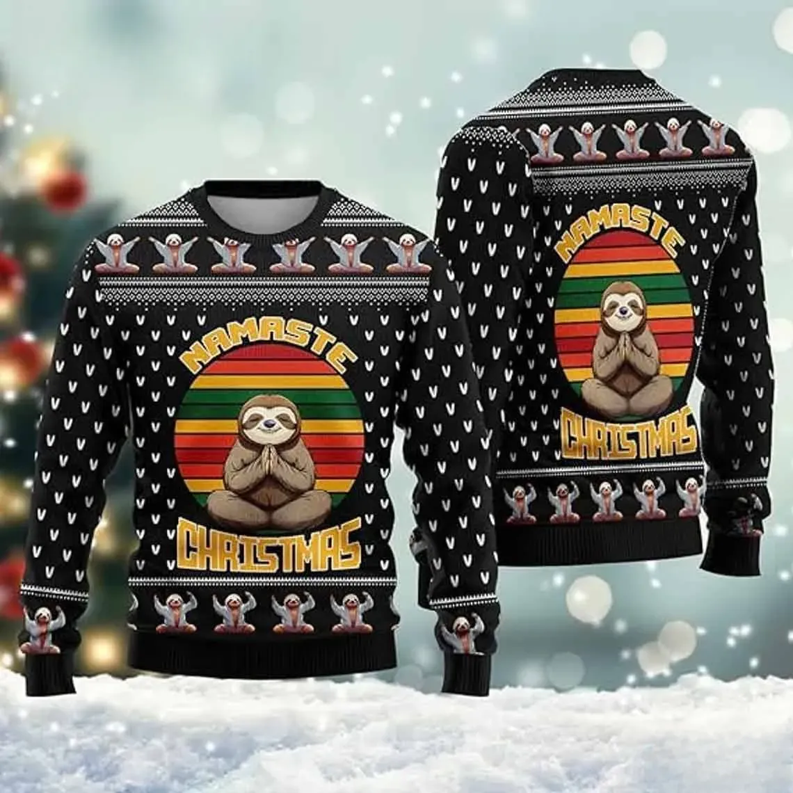 Sloth Namaste Christmas Ugly Sweater, Yoga Meditation Holiday Sweater with Retro Sunset, Funny Zen Xmas Sweatshirt for Yogis