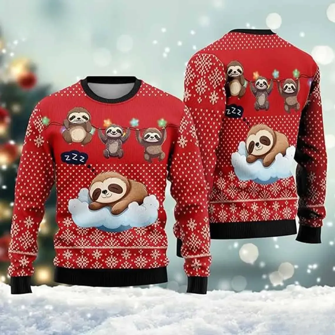 Cartoon Sloth Ugly Christmas Sweater, Cute Sleepy Animal on Cloud Holiday Sweater, Red Knit Pattern Xmas Sweatshirt for Nap Lovers