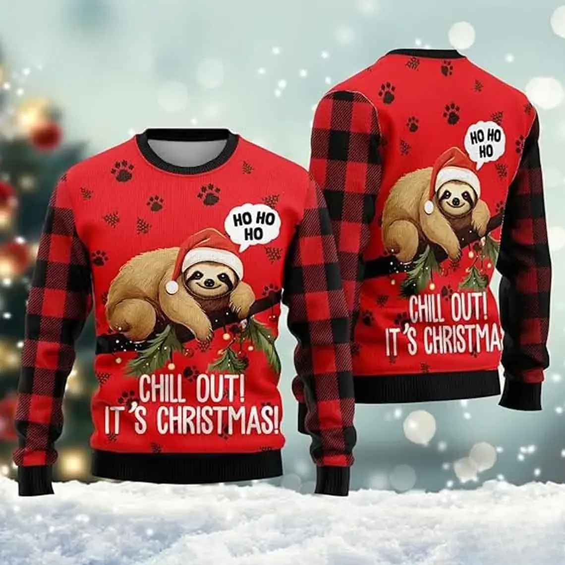 Funny Sloth Chill Out It's Christmas Ugly Sweater, Lazy Sloth in Santa Hat Holiday Sweater, Red Buffalo Plaid Xmas Sweatshirt for Animal Lovers