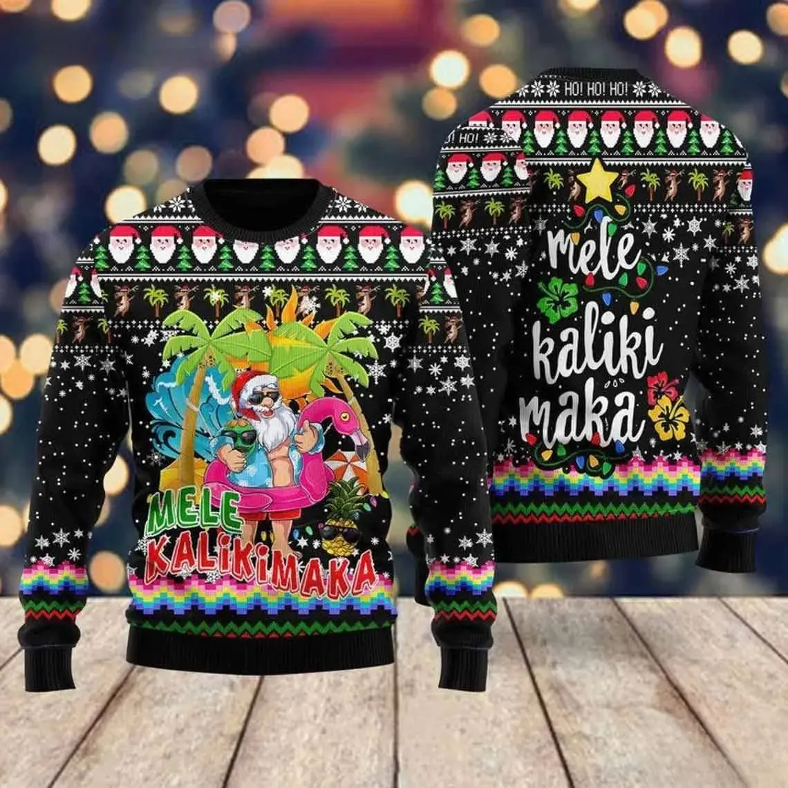 Hawaii Santa Claus Mele Kalikimaka Ugly Christmas Sweater, Tropical Beach Holiday Sweater with Flamingo and Palm Trees, Unisex Xmas Sweater