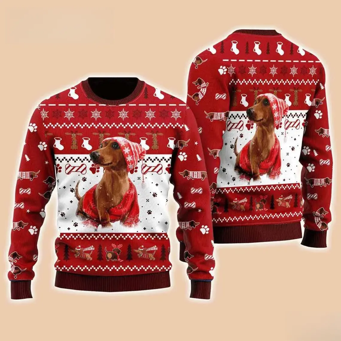 Dachshund Christmas Ugly Sweater, Wiener Dog in Santa Beanie Holiday Sweater, Sausage Dog Lover Xmas Sweatshirt for Doxie Moms, Unisex