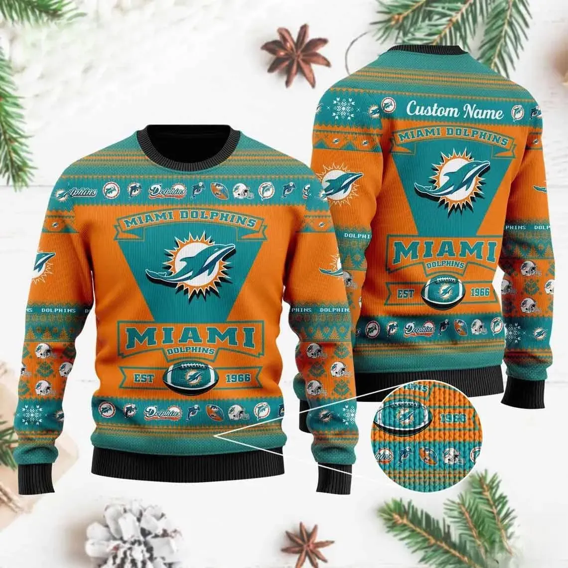 Miami Dolphins Football Team Custom Ugly Sweater, Personalized Name NFL Christmas Sweater, Aqua and Orange Holiday Xmas Sweatshirt, Unisex