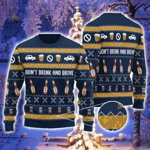 Miller Lite Don't Drink and Drive Ugly Sweater, Funny Beer Lover Christmas Sweater, Navy Responsible Drinking Holiday Party Xmas Sweatshirt