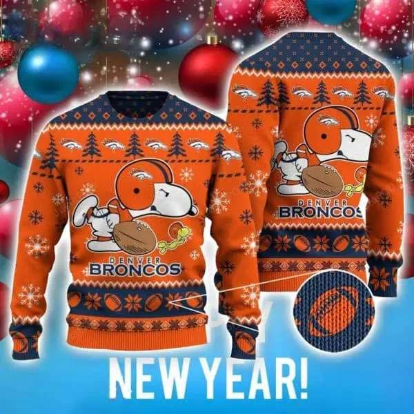 Denver Broncos Snoopy Ugly Christmas Sweater, Peanuts NFL Football Holiday Sweater, Orange and Navy Game Day Xmas Sweatshirt, Unisex