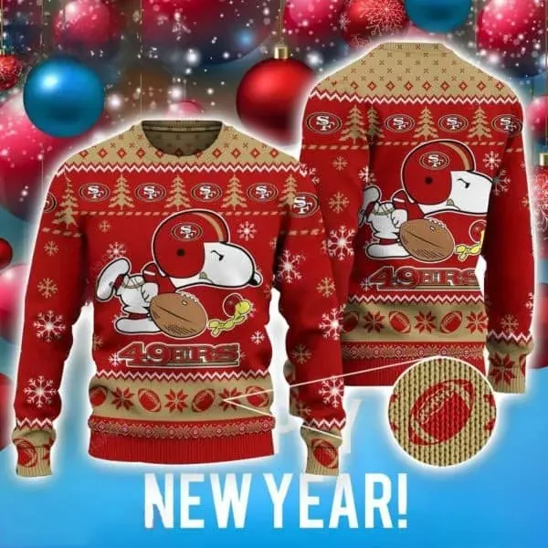 NFL San Francisco 49ers Snoopy Ugly Sweater, Peanuts Football Christmas Sweater, Niners Red and Gold Holiday Xmas Sweatshirt, Unisex