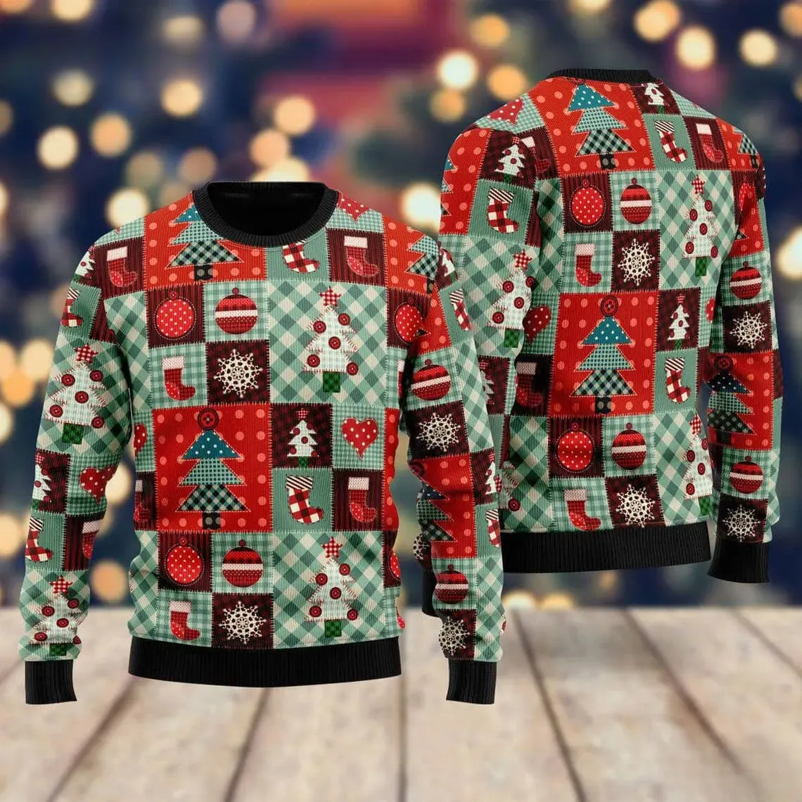 Patchwork Christmas Pattern Ugly Sweater, Gingham Tree Stocking and Ornament Quilt Print Holiday Sweater, Unisex Xmas Party Sweatshirt