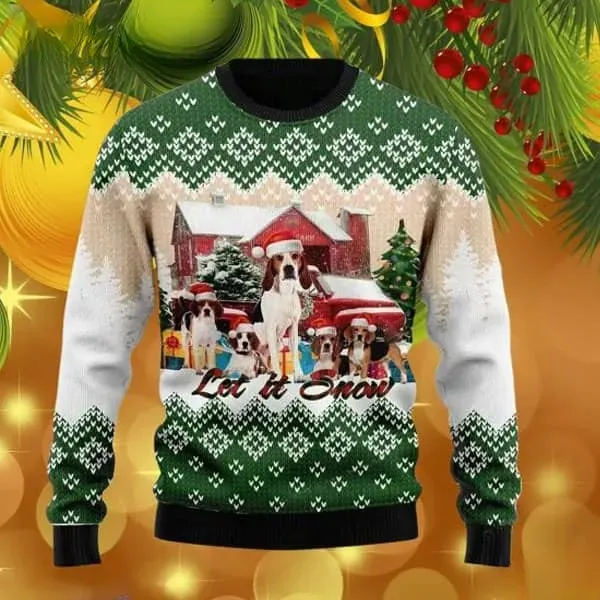 American Foxhound Let It Snow Ugly Sweater, Hound Dog Lover Christmas Sweater with Red Barn and Santa Hats, Unisex All Over Print Xmas Sweatshirt
