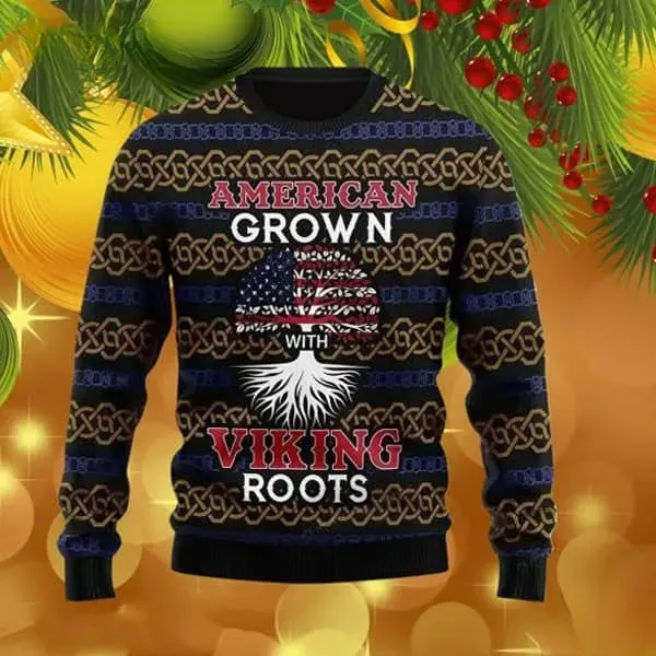 American Grown With Viking Roots Ugly Sweater, Norse Heritage Christmas Sweater with Flag Tree, Viking Pride Unisex Xmas Sweatshirt