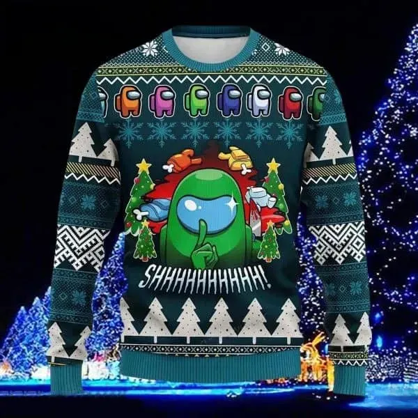 Among Us Impostor Shhh Ugly Christmas Sweater, Green Crewmate Holiday Sweater, Funny Gamer Xmas Sweatshirt for Video Game Players