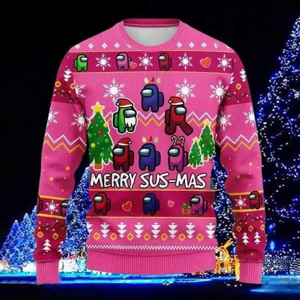 Among Us Merry SusMas Ugly Christmas Sweater, Pink Crewmate and Impostor Holiday Sweater, Video Game Gamer Xmas Sweatshirt