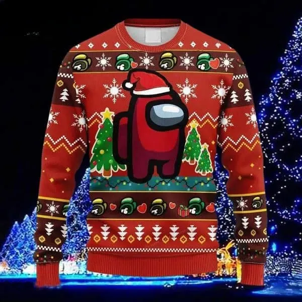 Among Us Red Impostor Ugly Christmas Sweater, Funny Gamer Holiday Sweater With Santa Hat And Crewmates, Xmas Sweater for Gamers