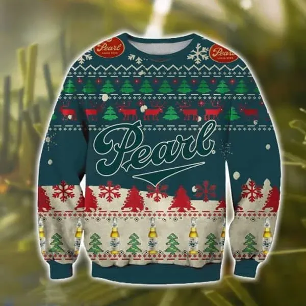 Pearl Beer Ugly Christmas Sweater, Funny Lager Beer Lover Holiday Sweater with Reindeer and Bottles, Unisex Party Xmas Sweatshirt