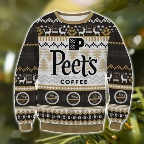 Peet's Coffee Ugly Christmas Sweater, Coffee Lover Holiday Sweater with Reindeer and Coffee Pod Pattern, Unisex Xmas Sweatshirt