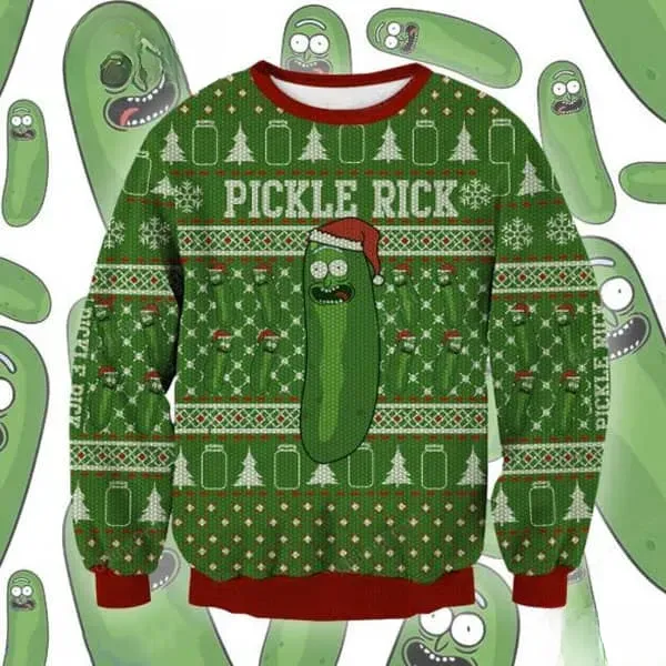 Pickle Rick Ugly Christmas Sweater, Rick and Morty Santa Hat Holiday Sweater, Funny Cartoon Xmas Sweater, Green Red Knit Jar Pattern