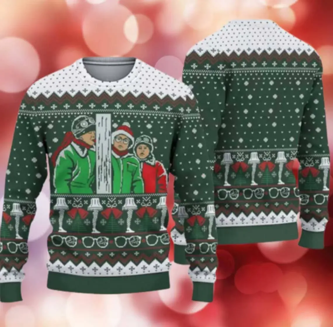 A Christmas Story Triple Dog Dare Ugly Sweater, Flick Tongue Stuck to Flagpole Scene Holiday Sweater, Leg Lamp Movie Xmas Green Knit