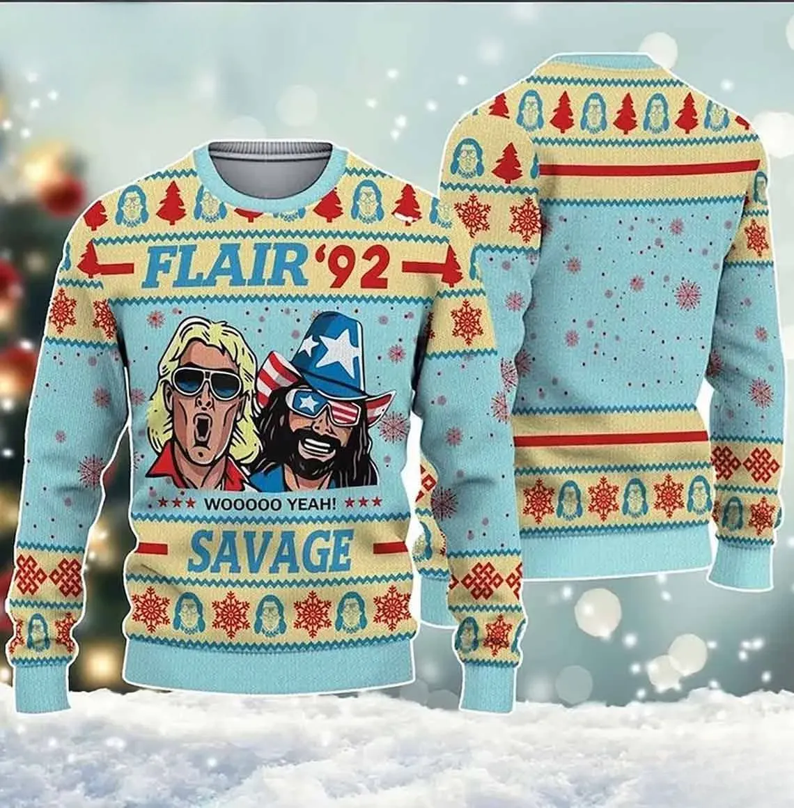 Ric Flair 92 Savage Ugly Christmas Sweater, Randy Savage Woooo Yeah Wrestling Fan Holiday Sweater, Xmas Sweater for Wrestling Fans