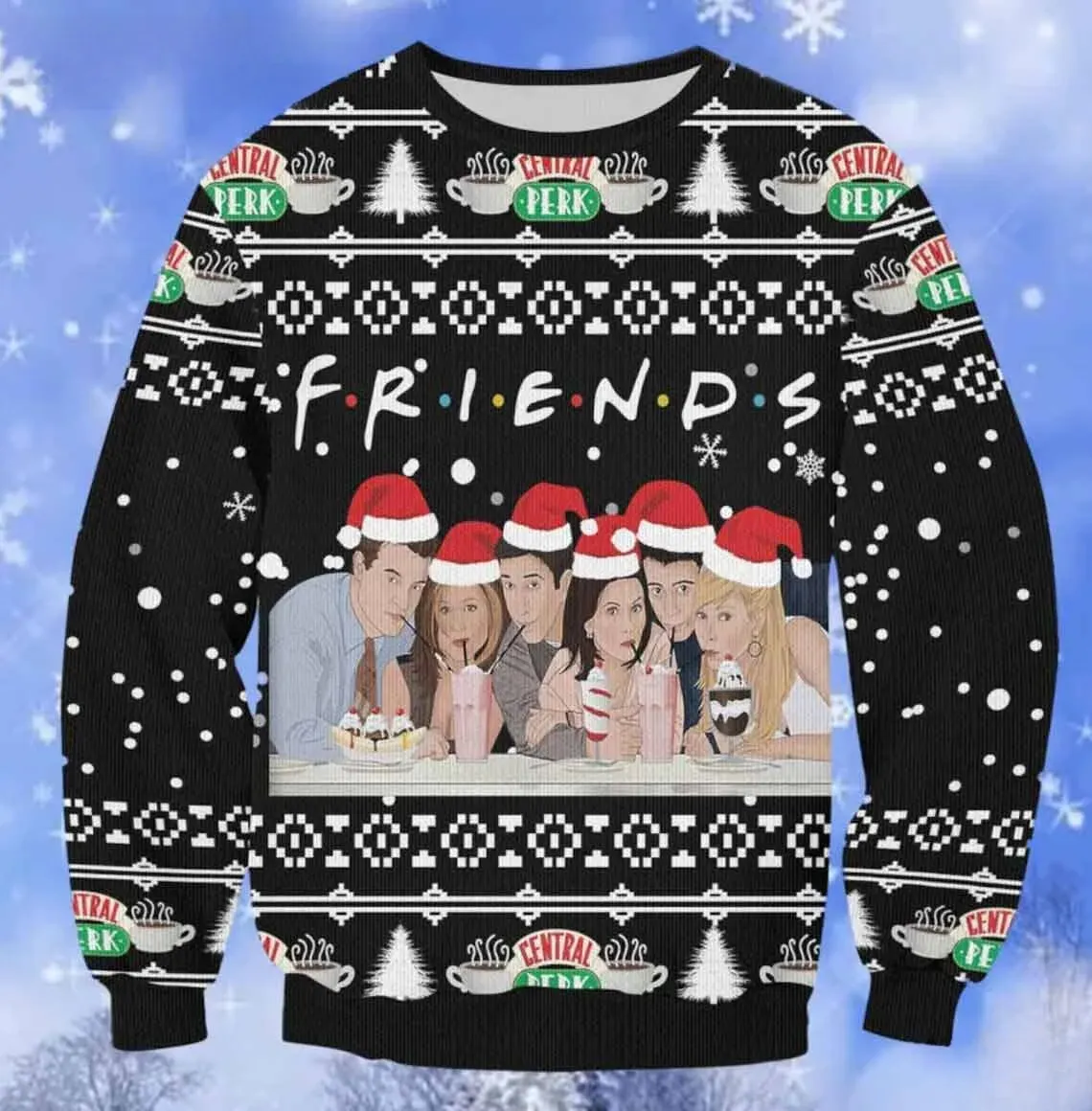 Friends TV Show Ugly Christmas Sweater, Central Perk Holiday Sweater With Santa Hats, Fair Isle Xmas Sweater for Friends Fans