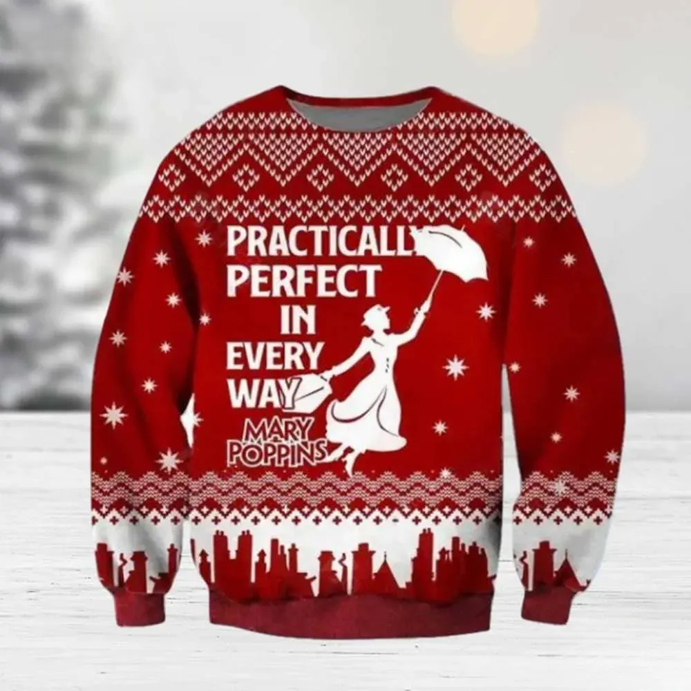 Mary Poppins Practically Perfect In Every Way Ugly Christmas Sweater, Umbrella Silhouette Holiday Sweater, Classic Movie Xmas Red Knit