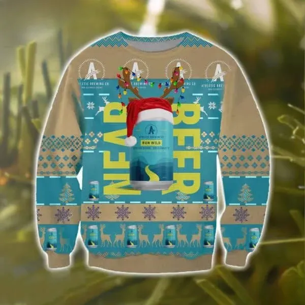Near Beer Athletic Brewing Co Ugly Christmas Sweater, Run Wild Can in Santa Hat Holiday Sweater, Non Alcoholic Craft Brew Xmas Teal Knit