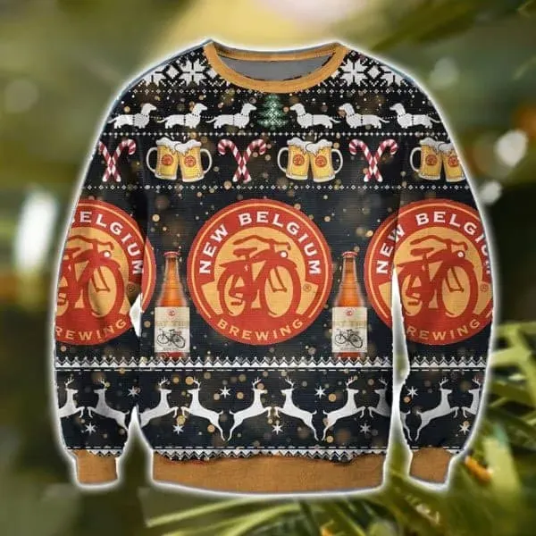 New Belgium Brewing Fat Tire Ugly Christmas Sweater, Bicycle Logo Craft Beer Lover Holiday Sweater, Xmas Sweater with Dachshunds and Reindeer