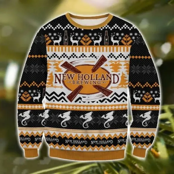 New Holland Brewing Ugly Christmas Sweater, Craft Beer Windmill Logo Holiday Sweater, Dragon and Reindeer Pattern Brewery Xmas Sweater
