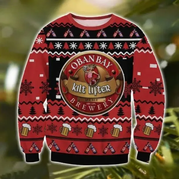 Oban Bay Kilt Lifter Ugly Christmas Sweater, Brewery IPA Ale Badge Holiday Sweater, Scottish Craft Beer Lover Xmas Sweater, Red Black Knit