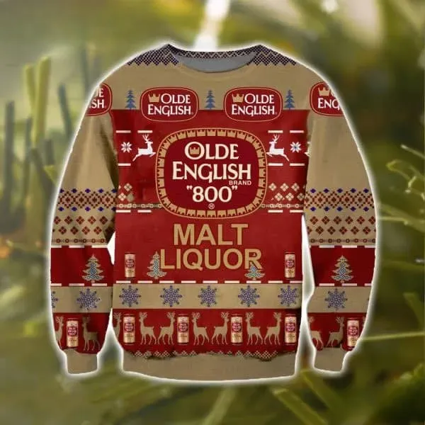 Olde English 800 Malt Liquor Ugly Christmas Sweater, Old English Label Holiday Sweater with Reindeer and Cans, Funny Beer Drinker Xmas Knit