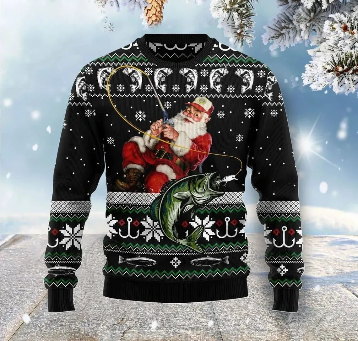 Santa Fishing Ugly Christmas Sweater, Saint Nick Reeling in Largemouth Bass Holiday Sweater, Fisherman Angler Xmas Black Knit Top