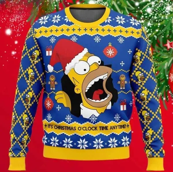 Santa Homer The Simpsons Ugly Christmas Sweater, It's Christmas O'Clock Funny Simpsons Holiday Sweater, Xmas Sweater for Fans