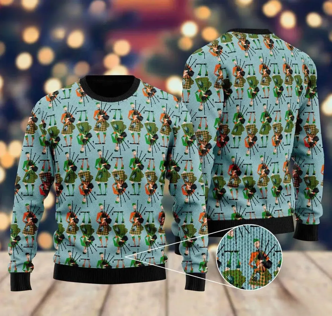 Scottish Bagpipes Ugly Christmas Sweater, Highland Piper in Tartan Kilt Pattern Holiday Sweater, Scotland Pride Light Blue Knit Top