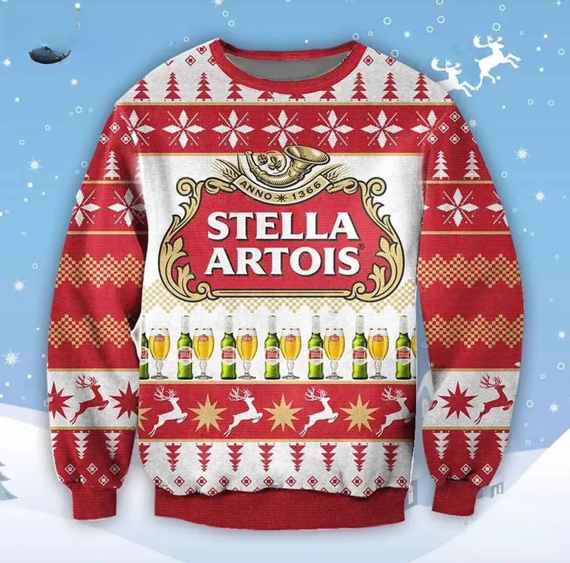 Stella Artois Anno 1366 Ugly Christmas Sweater, Belgian Beer Logo Holiday Sweater, Reindeer and Chalice Glasses Lager Lover Xmas Sweater