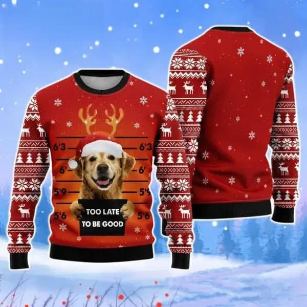 Cute Dog Too Late To Be Good Ugly Christmas Sweater, Golden Retriever Mugshot Holiday Sweater, Funny Pet Owner Xmas Sweater, Red Knit